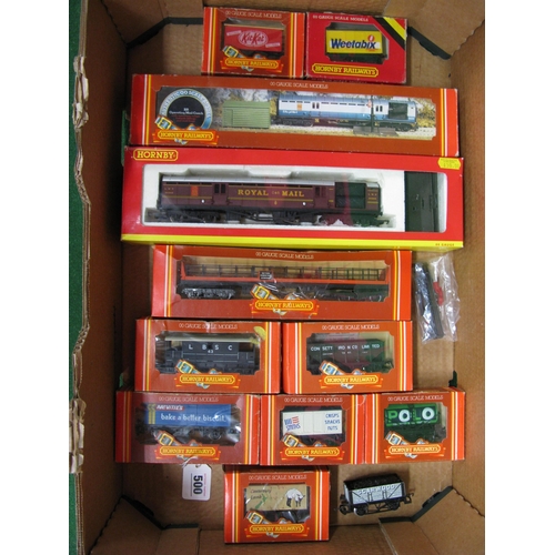 500 - Box of Hornby 00 rolling stock, to comprise: LMS Operating Mail Coach set, car transporter (no cars)... 