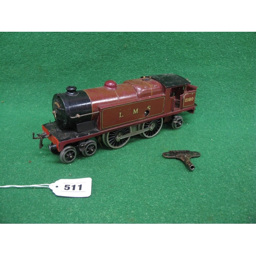 511 - 1930's Hornby O gauge clockwork 4-4-2 tank locomotive No. 2180 in lined LMS maroon livery, with key ... 