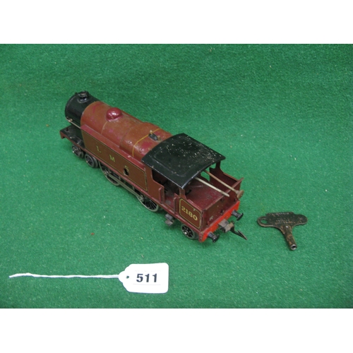 511 - 1930's Hornby O gauge clockwork 4-4-2 tank locomotive No. 2180 in lined LMS maroon livery, with key ... 