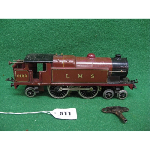 511 - 1930's Hornby O gauge clockwork 4-4-2 tank locomotive No. 2180 in lined LMS maroon livery, with key ... 