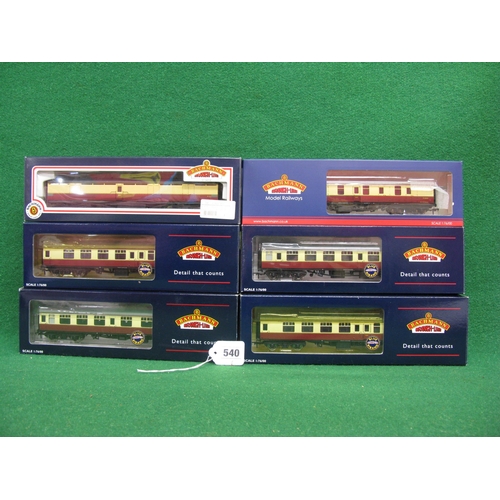 540 - Six 1990's/2000's boxed Bachmann Branchline OO coaches in carmine and cream livery: BR Mk1's SO, CK,... 