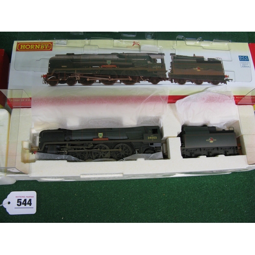 544 - Two boxed 2000's Hornby OO Bullied Pacific's to comprise: Air Smoothed Battle Of Britain Class No. 3... 