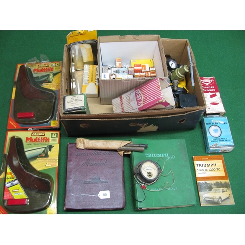 55 - Two boxes of automobilia to include: Standard Vanguard and Triumph 1300 workshop manuals, gas bottle... 