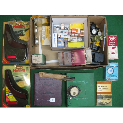 55 - Two boxes of automobilia to include: Standard Vanguard and Triumph 1300 workshop manuals, gas bottle... 