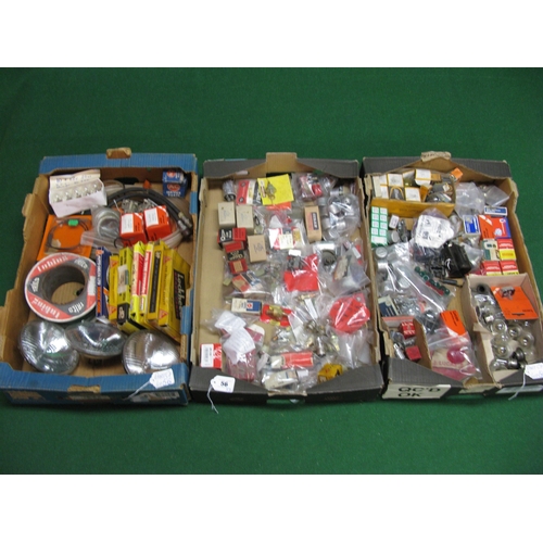 56 - Three boxes of small electrical parts, bulbs, headlights etc