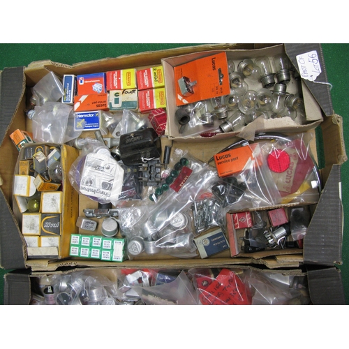 56 - Three boxes of small electrical parts, bulbs, headlights etc