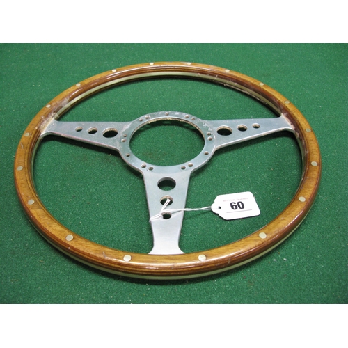 60 - Flat Motolita steering wheel with three polished metal spokes and riveted wooden rim - 14