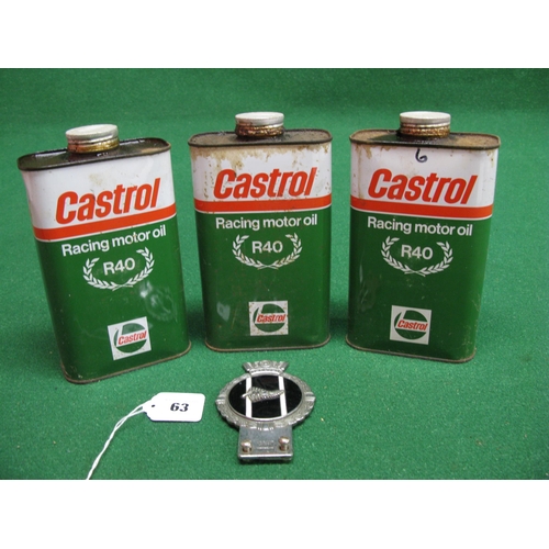 63 - Three 1 litre metal Castrol cans of R40 Motor Racing Oil and a JR Gaunt New Zealand car badge