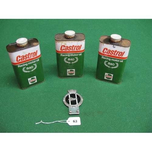 63 - Three 1 litre metal Castrol cans of R40 Motor Racing Oil and a JR Gaunt New Zealand car badge