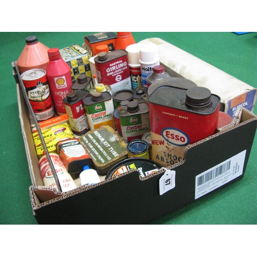 67 - Box of assorted motoring product tins and containers together with a boxed Bluecol tester