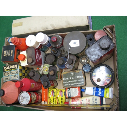 67 - Box of assorted motoring product tins and containers together with a boxed Bluecol tester