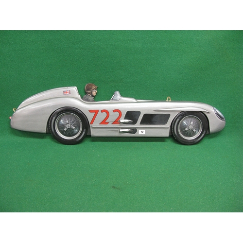 72 - Large painted wooden wall mounted plaque of a Mercedes racing car No. 722 with driver - 46