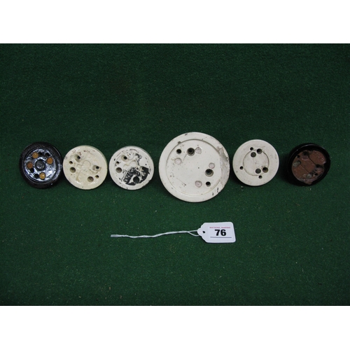 76 - Six jelly mould dolly porcelain and brass electrical switches: one 3.75