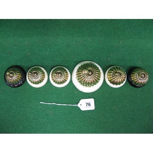 76 - Six jelly mould dolly porcelain and brass electrical switches: one 3.75