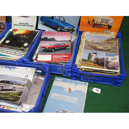 77 - Five crates of car brochures from the 1970's/1980's/1990's and 2000's, ephemera and road auto tests ... 