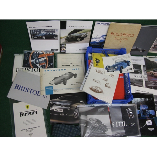 78 - Box of luxury and specialist car brochures and road test reprints to include: Bristol, Porsche, Lotu... 