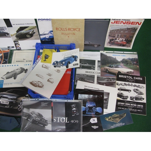 78 - Box of luxury and specialist car brochures and road test reprints to include: Bristol, Porsche, Lotu... 