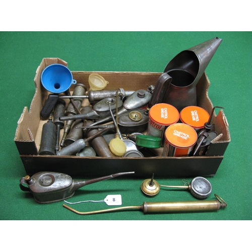 8 - Box of oil cans, grease guns, grease tins and a large oil pourer