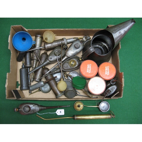 8 - Box of oil cans, grease guns, grease tins and a large oil pourer