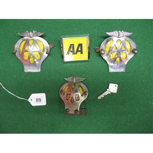 89 - Four AA badges to include a motorcycle version together with a box key