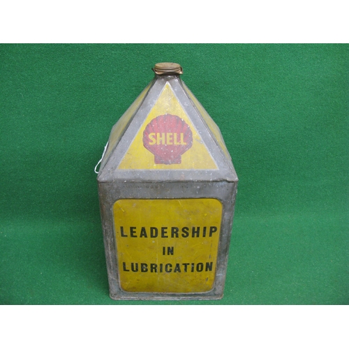 98 - Five gallon pyramid can with cap and handles for Shell Lubricating Oil Leadership In Lubrication, fe... 