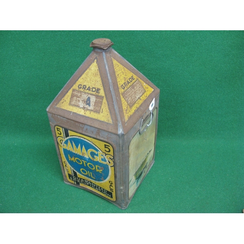 99 - Five gallon pyramid can with cap and handles for Gamages Grade A Motor Oil featuring a speedboat, ra... 