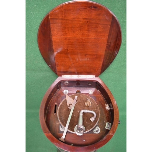 30 - 1920's mahogany cased gramophone of horseshoe or oval form having inlaid and transfer decoration, th... 