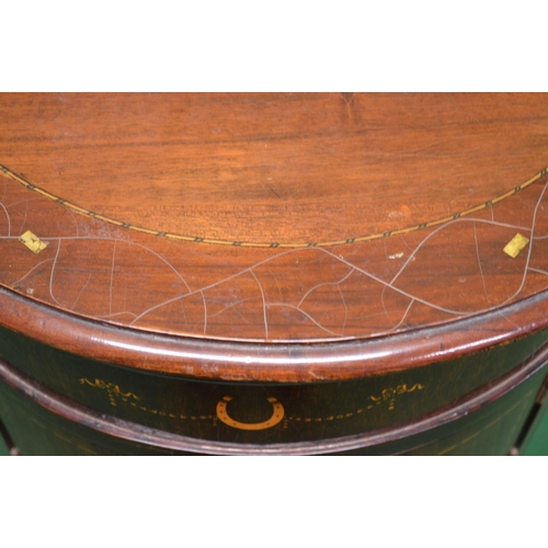 30 - 1920's mahogany cased gramophone of horseshoe or oval form having inlaid and transfer decoration, th... 