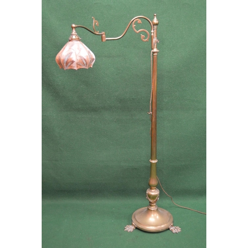 51 - Victorian brass standard lamp having hand painted glass lamp shade supported by a swinging branch le... 