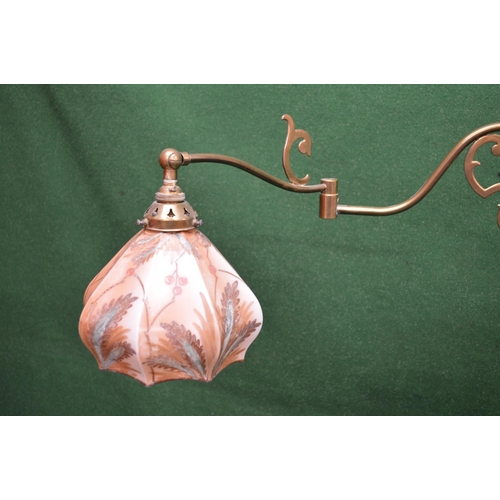 51 - Victorian brass standard lamp having hand painted glass lamp shade supported by a swinging branch le... 