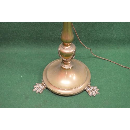 51 - Victorian brass standard lamp having hand painted glass lamp shade supported by a swinging branch le... 