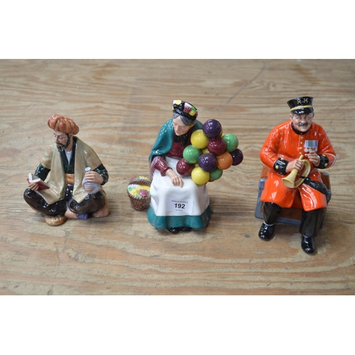 192 - Group of three Royal Doulton figures to comprise: The Old Balloon Seller HN1315, Past Glory HN2484 a... 