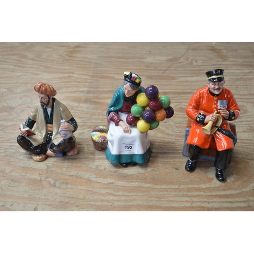 192 - Group of three Royal Doulton figures to comprise: The Old Balloon Seller HN1315, Past Glory HN2484 a... 