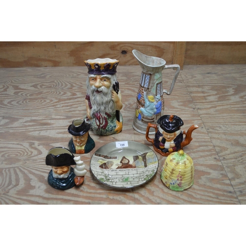 198 - Group of ceramics to include Royal Winton honey pot, two jugs, Royal Doulton plate, two character ju... 