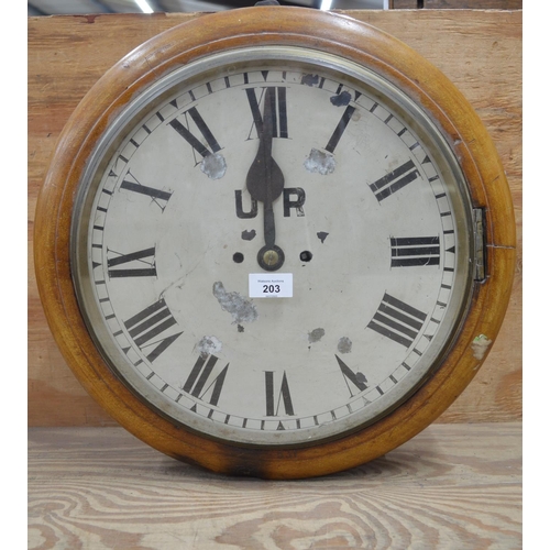 203 - Mahogany cased station or school wall clock having fusee movement and inscribed on dial UR, case num... 