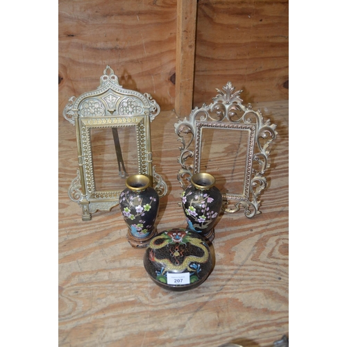 207 - Pair of Cloisonne vases on wooden stands, circular Cloisonne lidded bowl and two brass photograph fr... 