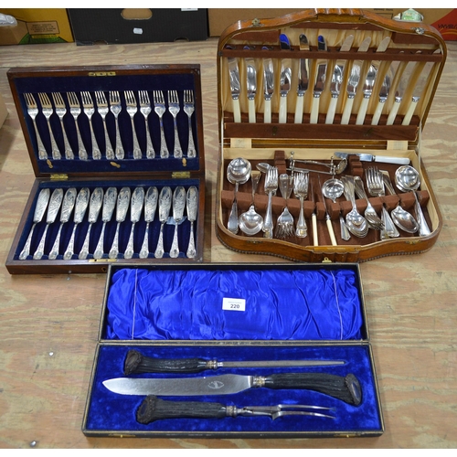220 - Oak cased part teaset of silverplated cutlery, cased set of silver plated fish knives and forks toge... 