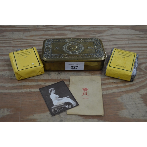 227 - Princess Mary 1914 Christmas tin containing pack of cigarettes, pack of tobacco, picture of Princess... 
