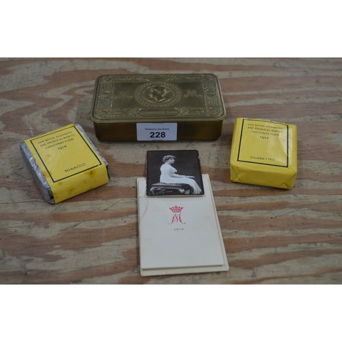 228 - Princess Mary 1914 Christmas tin containing pack of cigarettes, pack of tobacco, picture of Princess... 