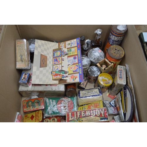 235 - Box containing a quantity of advertising to include: Lifebuoy Soap, Pepper Dust, Drummer Dye, Smiths... 