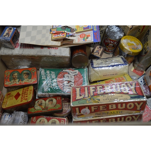 235 - Box containing a quantity of advertising to include: Lifebuoy Soap, Pepper Dust, Drummer Dye, Smiths... 