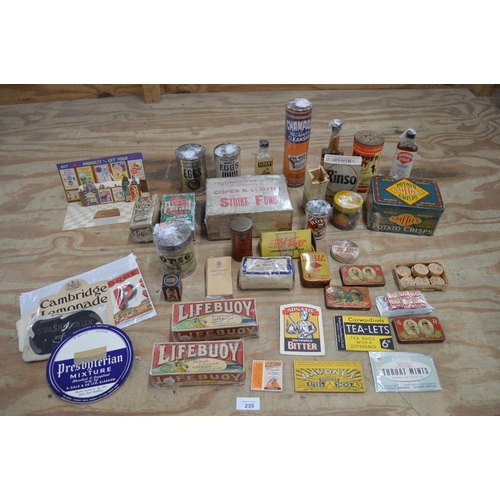 235 - Box containing a quantity of advertising to include: Lifebuoy Soap, Pepper Dust, Drummer Dye, Smiths... 