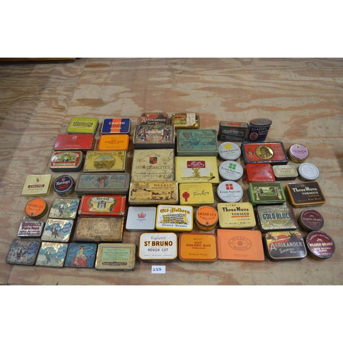 237 - Box containing a quantity of tobacco tins to include: Craven, Four Square and Clarkes Carlton etc