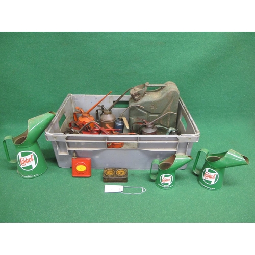 1 - Crate of oil cans and pourers together with a five litre fuel can and a Carbourundum paste tin