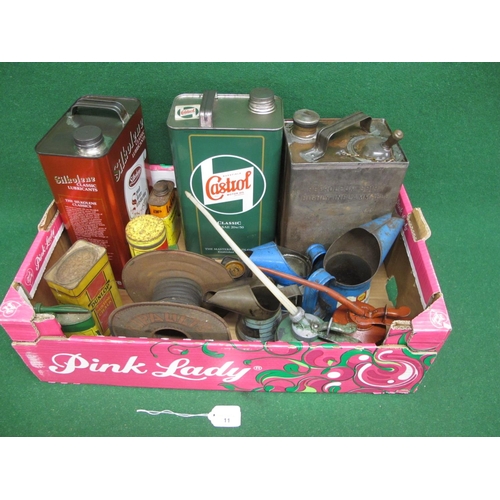 11 - Box of oil cans and pourers to include: Sterling Oil and Smiths Bluecol together with an unusual Pet... 