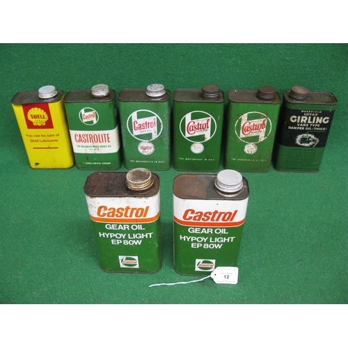 12 - Six x one quart oil tins from Castrol, Girling and Shell together with two x 1 litre tins for Castro... 