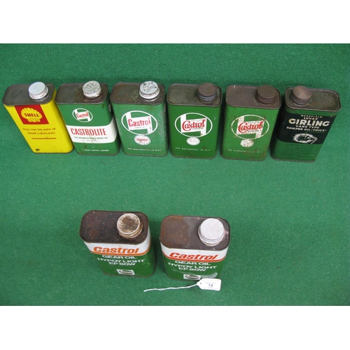 12 - Six x one quart oil tins from Castrol, Girling and Shell together with two x 1 litre tins for Castro... 