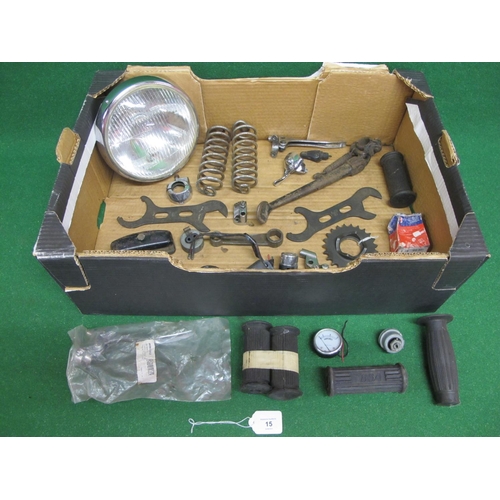 15 - Box of mostly BSA motorcycle parts to include: M21-23 sprocket, side stand, foot peg rubbers, contro... 