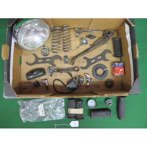 15 - Box of mostly BSA motorcycle parts to include: M21-23 sprocket, side stand, foot peg rubbers, contro... 