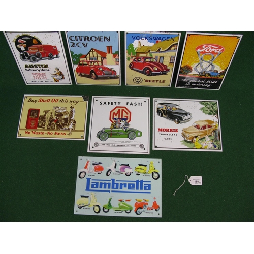 168 - Seven older smaller reproduction motoring enamel signs together with a thin version for Lambretta